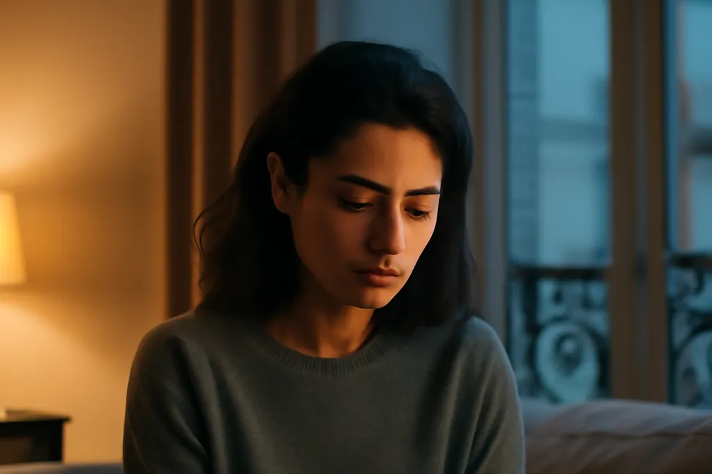 Femme pensive consultant son téléphone dans un appartement parisien à la tombée du jour