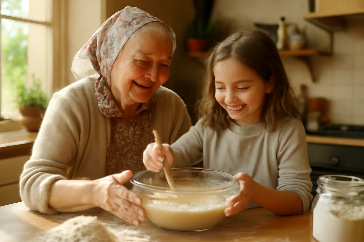 Grand-mère russe et petite-fille française cuisinant ensemble dans une cuisine ensoleillée