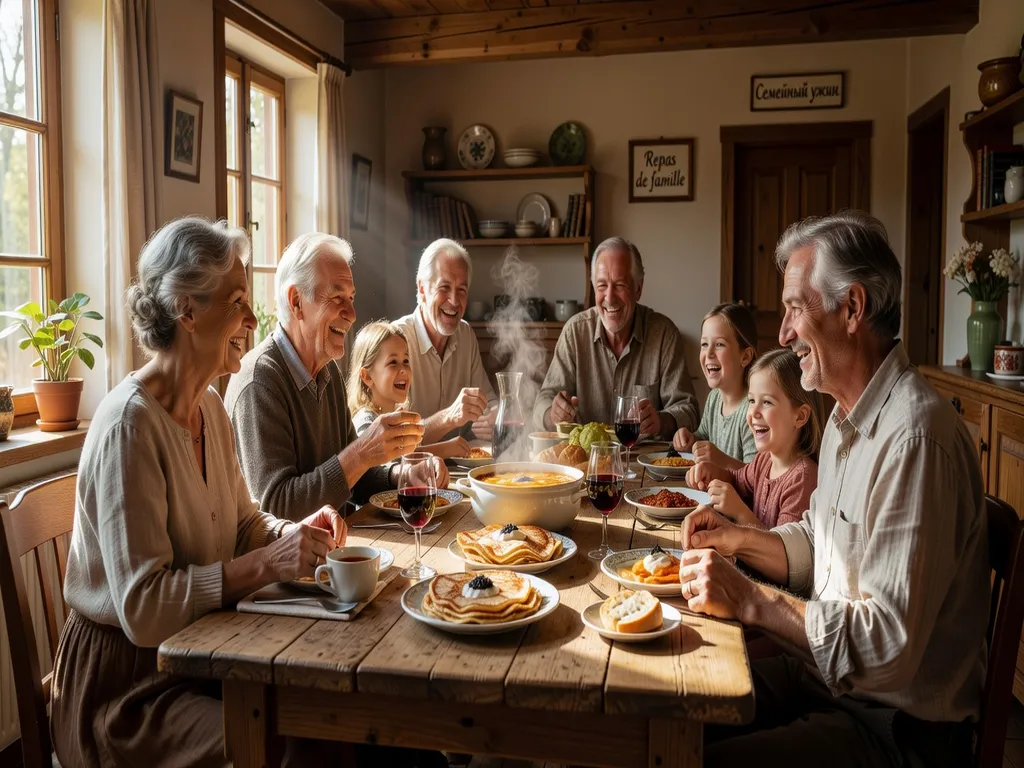 Famille russo-française réunie autour d'un repas traditionnel