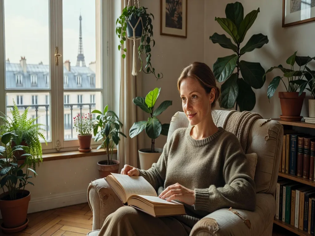 Femme russe lisant dans son appartement parisien