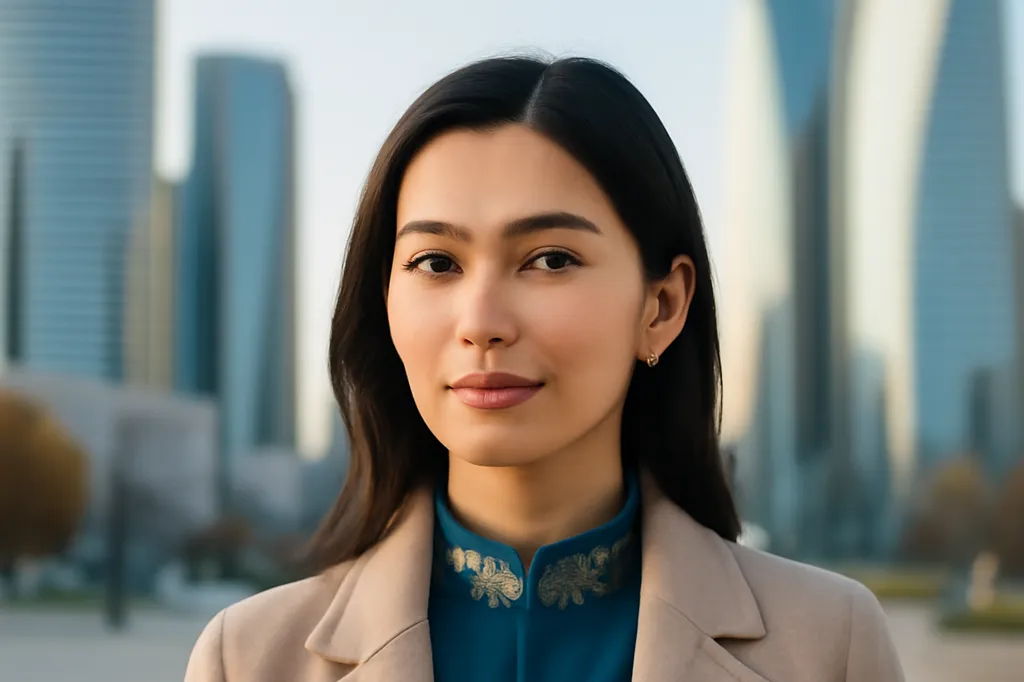 Jeune femme kazakhe en manteau élégant devant les tours modernes du centre d'Astana