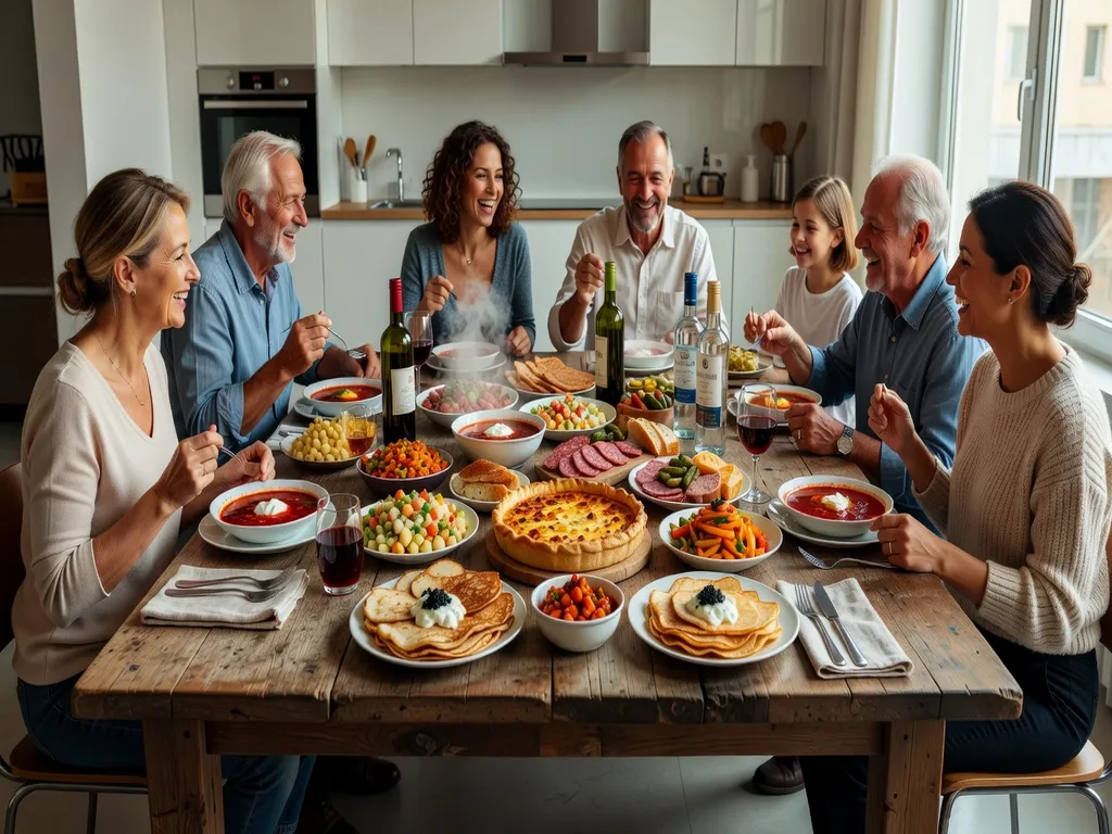 Table franco-russe avec plats des deux cultures