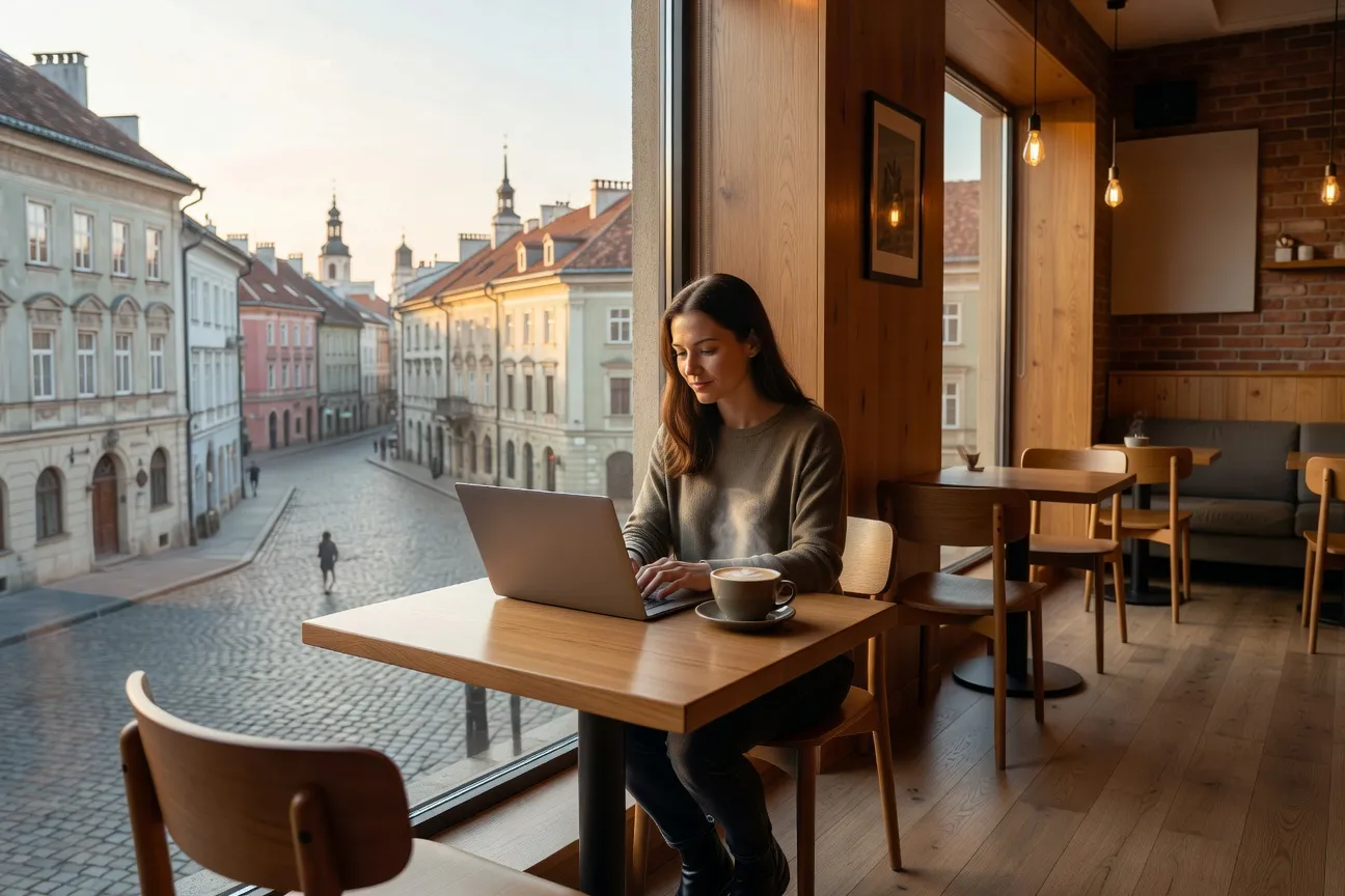 Jeune femme ukrainienne avec ordinateur portable dans un café de Lviv