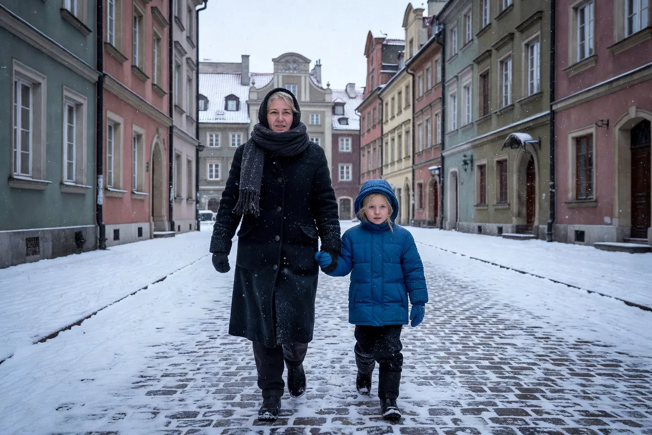 Femme ukrainienne et enfant marchant dans une rue de Varsovie en hiver