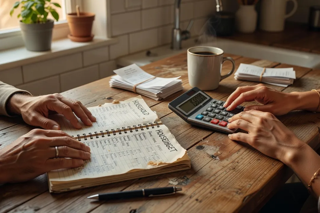 Couple's hands reviewing a household budget notebook and calculator at a kitchen table