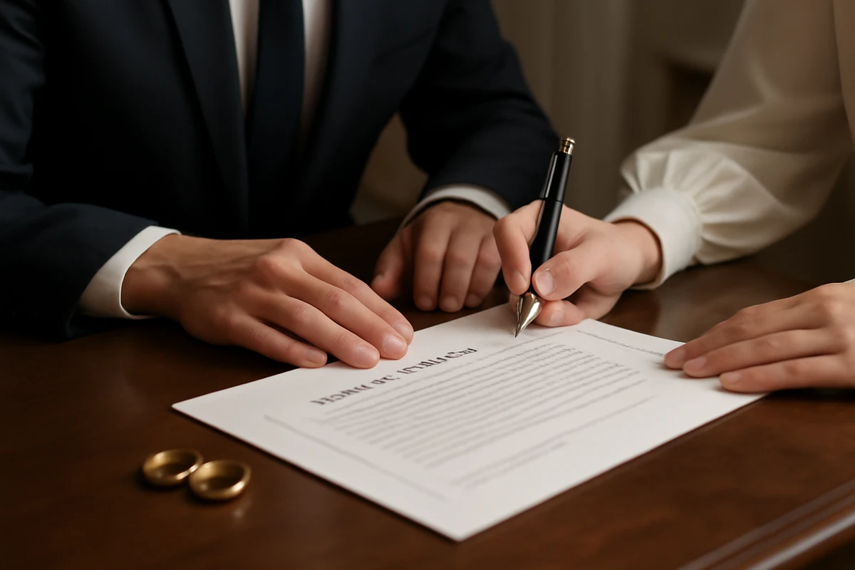 Mains d'un couple signant un contrat de mariage devant un notaire