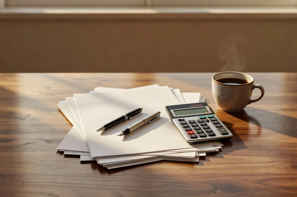 Calculatrice, stylos et liasse de documents fiscaux sur un bureau près d'une fenêtre ensoleillée