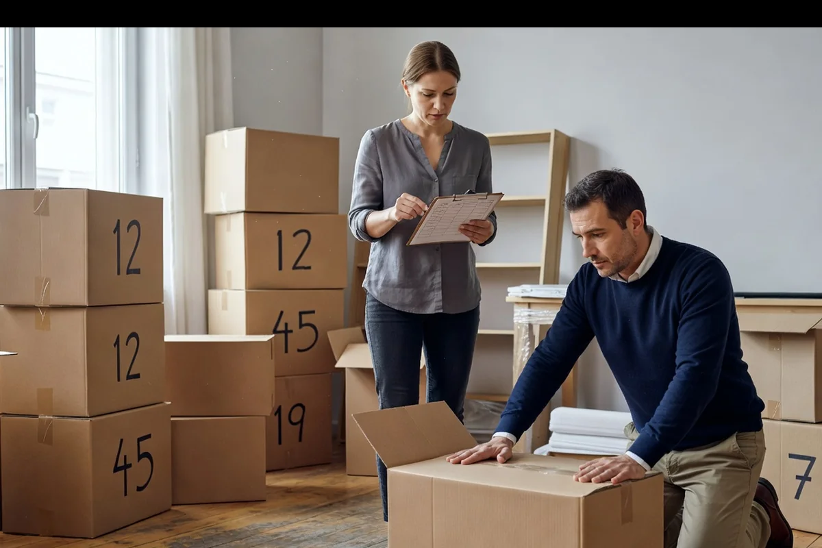 Cartons numérotés et inventaire détaillé préparés dans un salon, femme russe vérifiant la liste pendant que son conjoint français ferme un carton