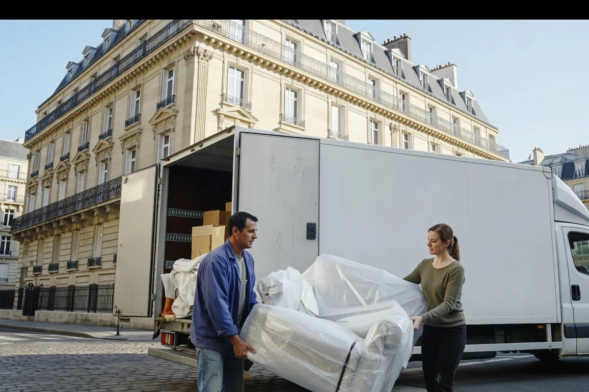 Camion de déménagement international garé devant un immeuble résidentiel français, couple franco-ukrainien déchargeant des meubles emballés
