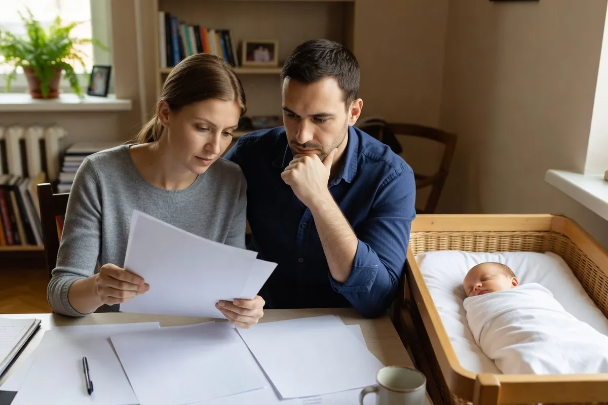 Mère russe et père français regardant leur bébé endormi tout en rangeant des dossiers administratifs sur un bureau