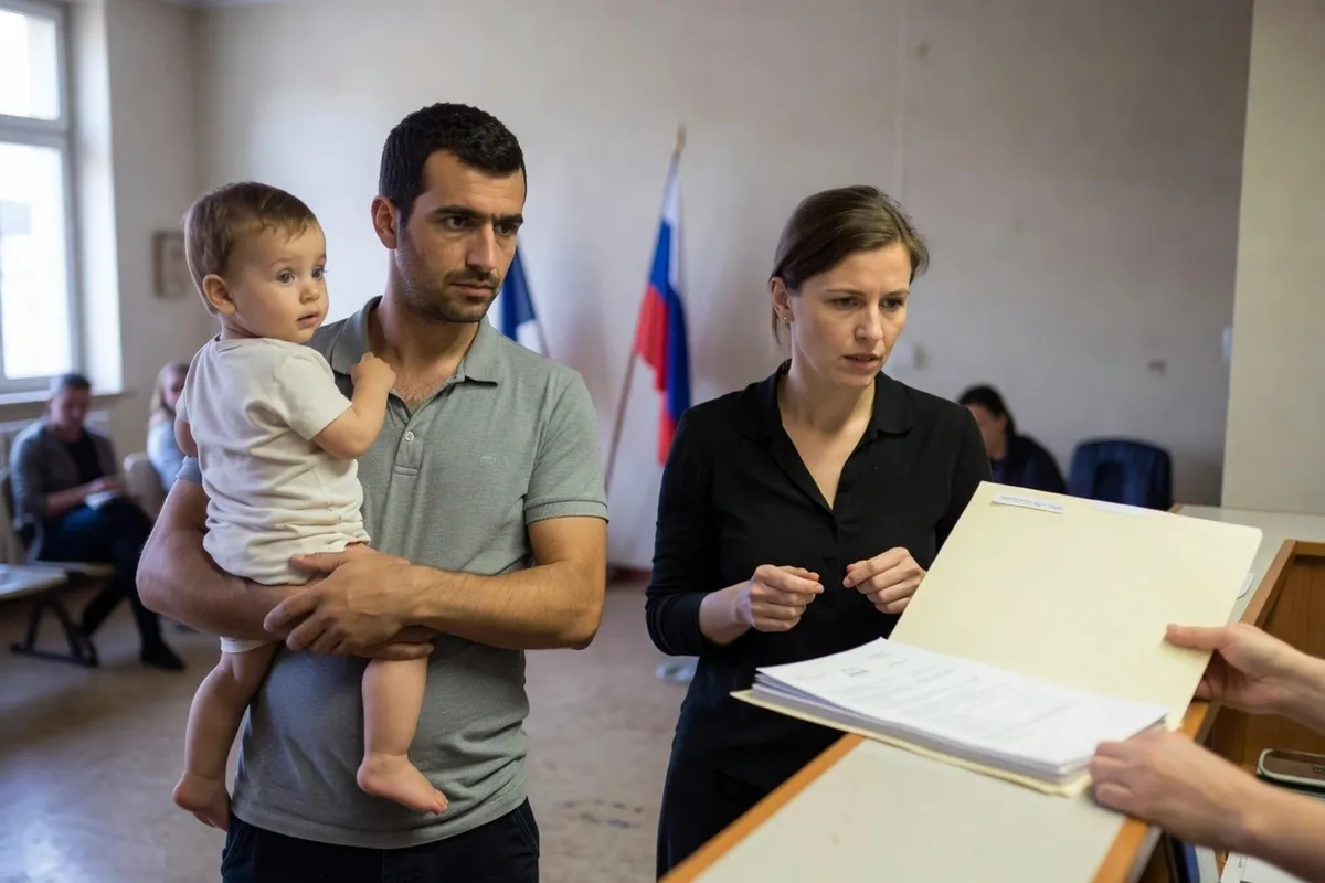 Père français tenant son enfant dans les bras pendant que la mère russe présente les documents au comptoir d'un consulat