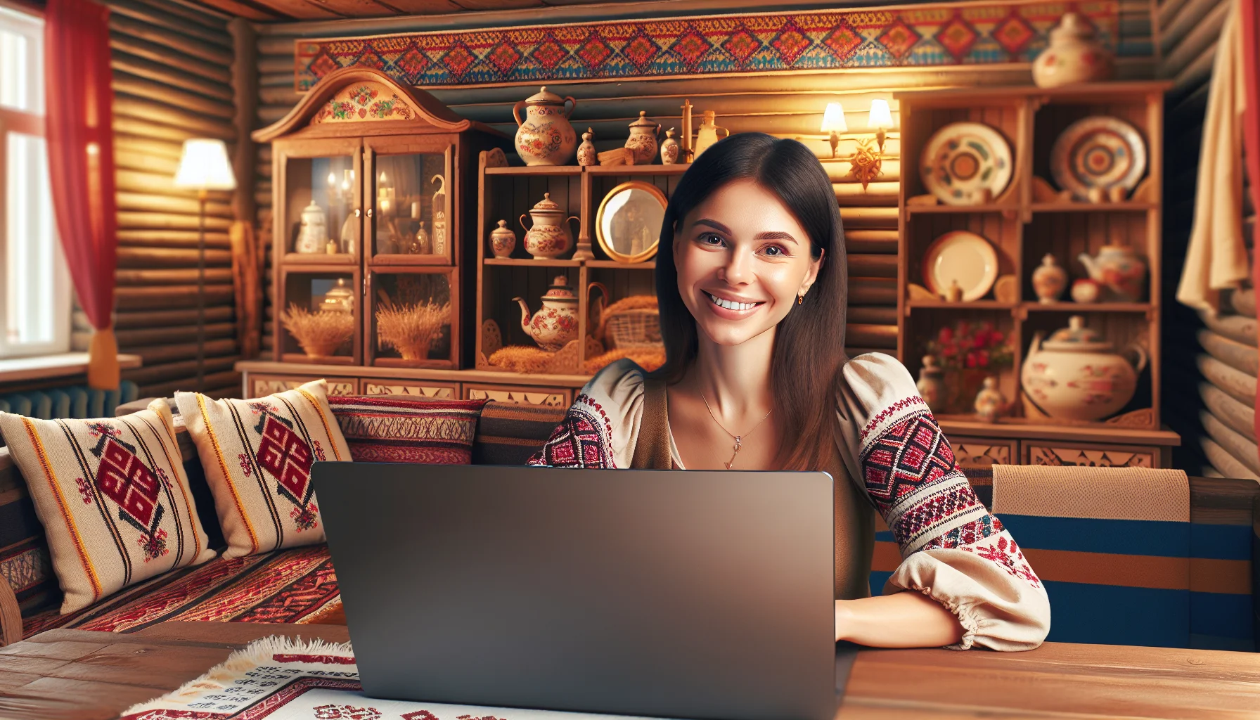 Femme ukrainienne en appel vidéo depuis son intérieur