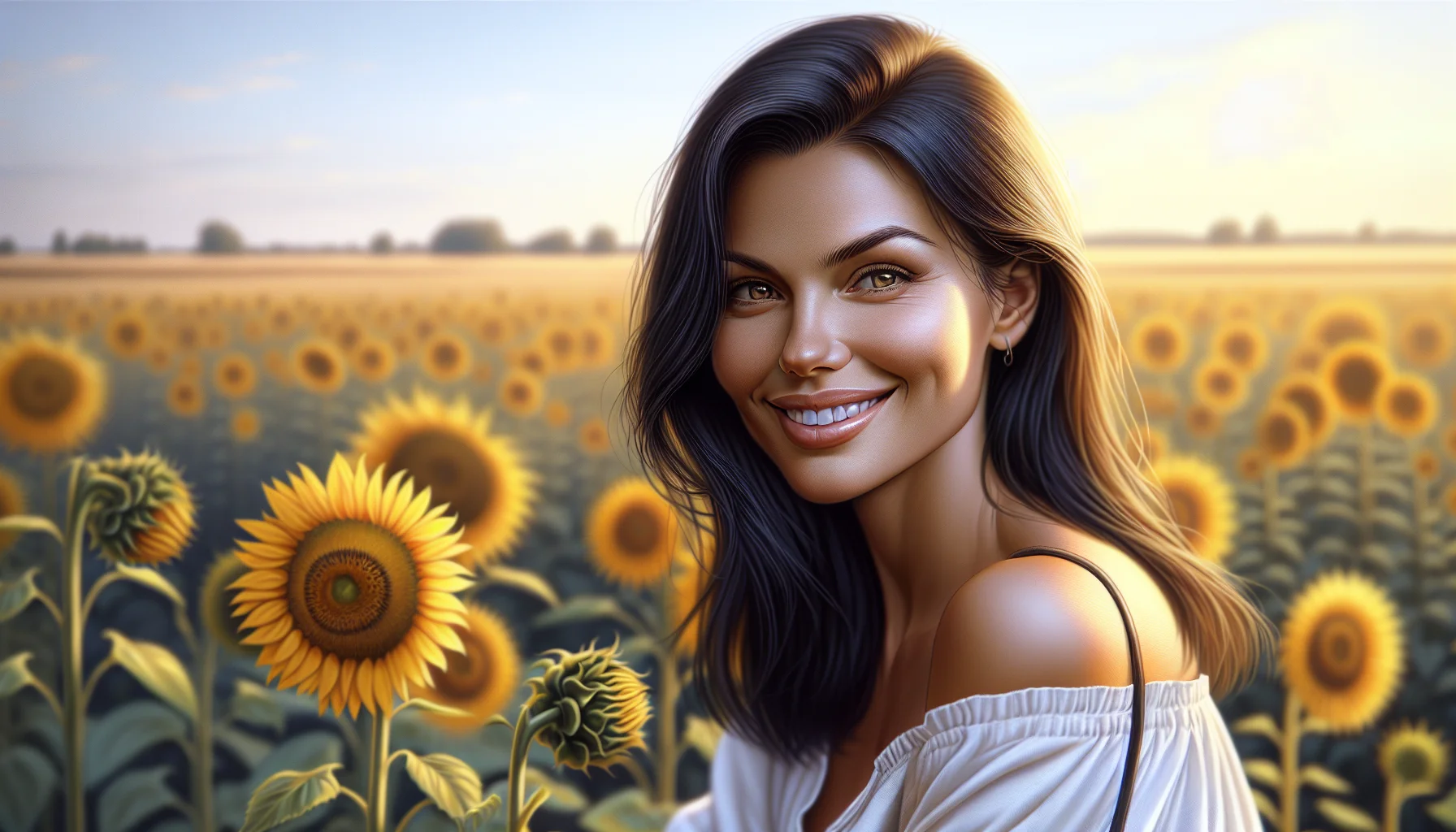 Femme ukrainienne souriante dans un champ de tournesols