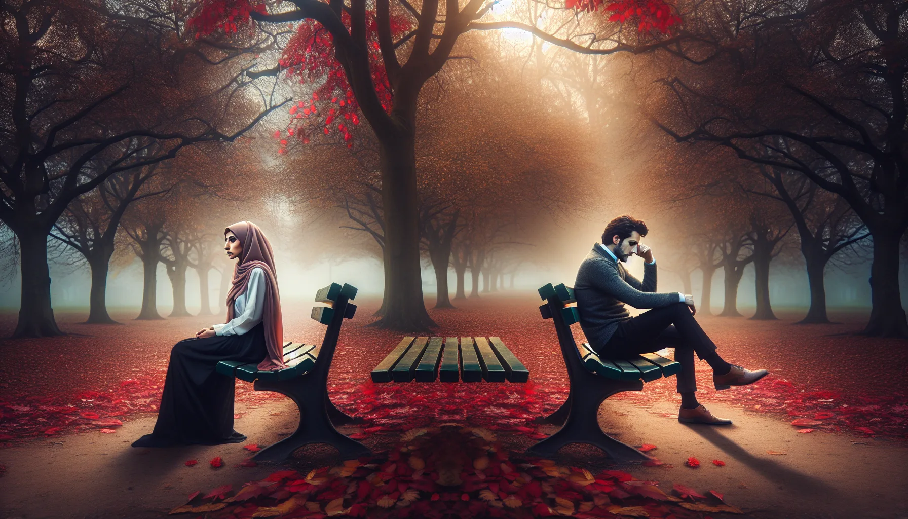 Couple reflechissant a leur relation sur un banc de parc