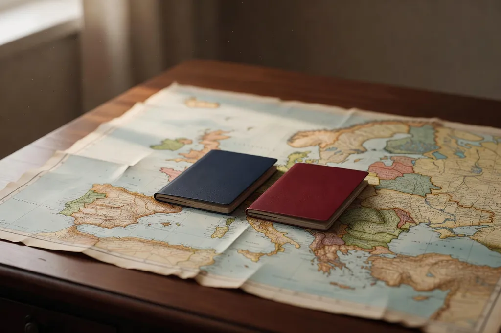 Passeports français et ukrainien posés côte à côte sur une carte d'Europe dans une lumière douce
