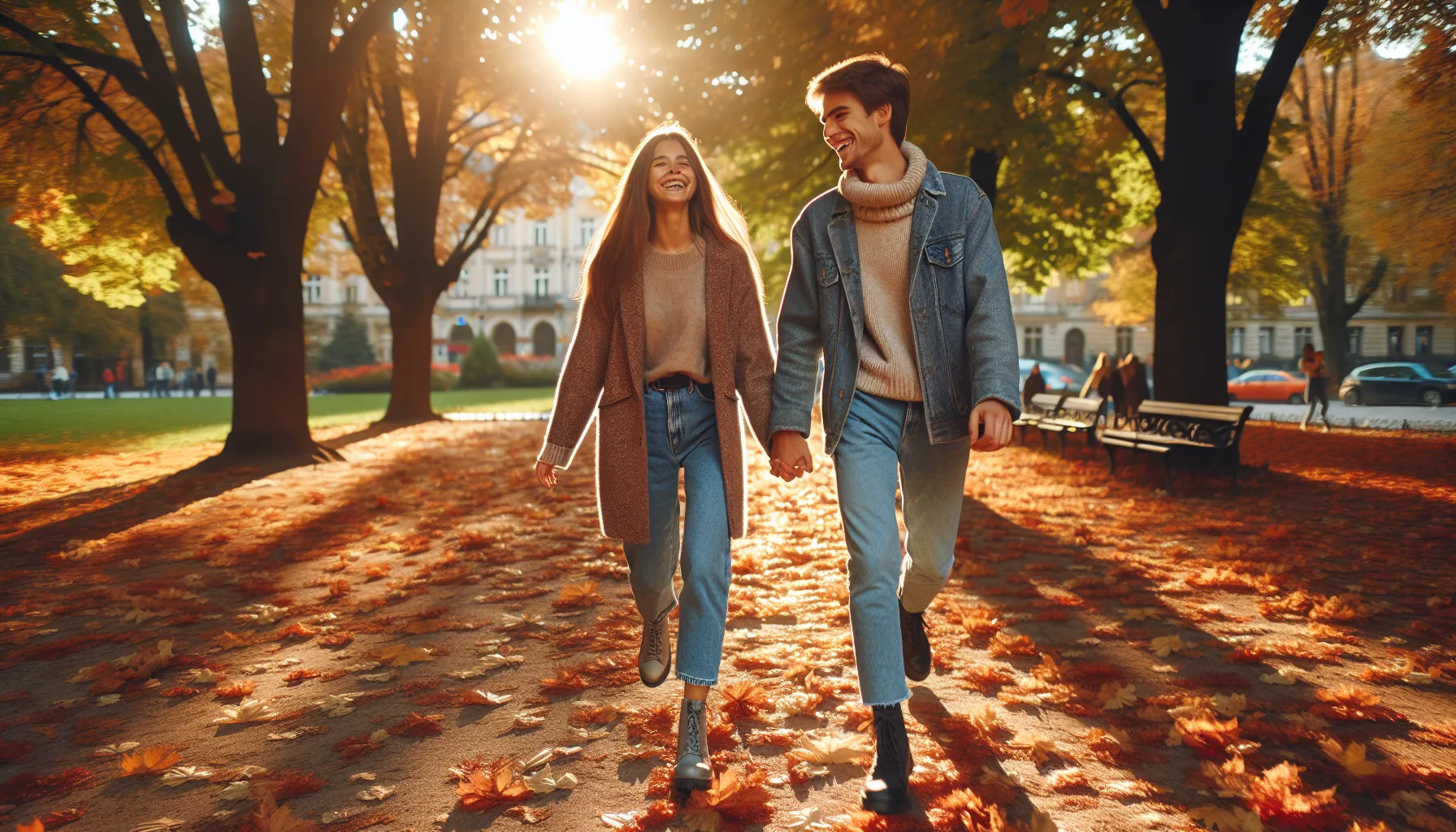 Couple europeen-russe heureux se promenant dans un parc europeen