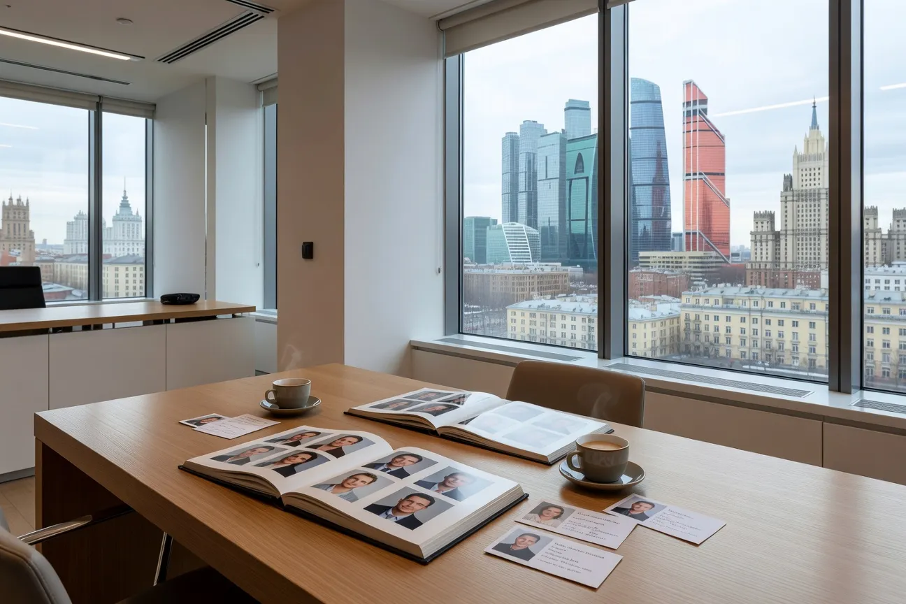 Bureau d'agence matrimoniale russe à Moscou avec albums photos de profils et contrats