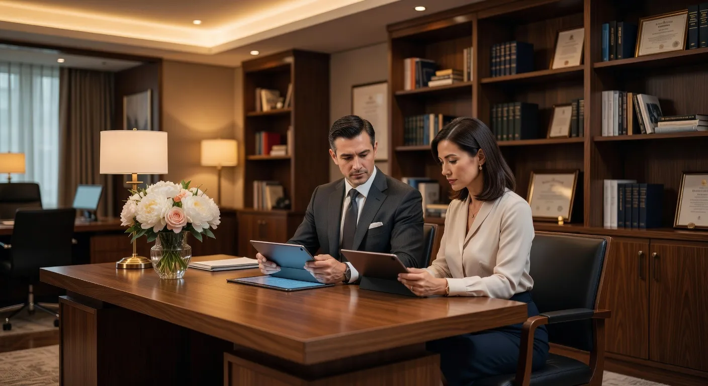 Bureau d'une agence matrimoniale internationale avec documents et photos