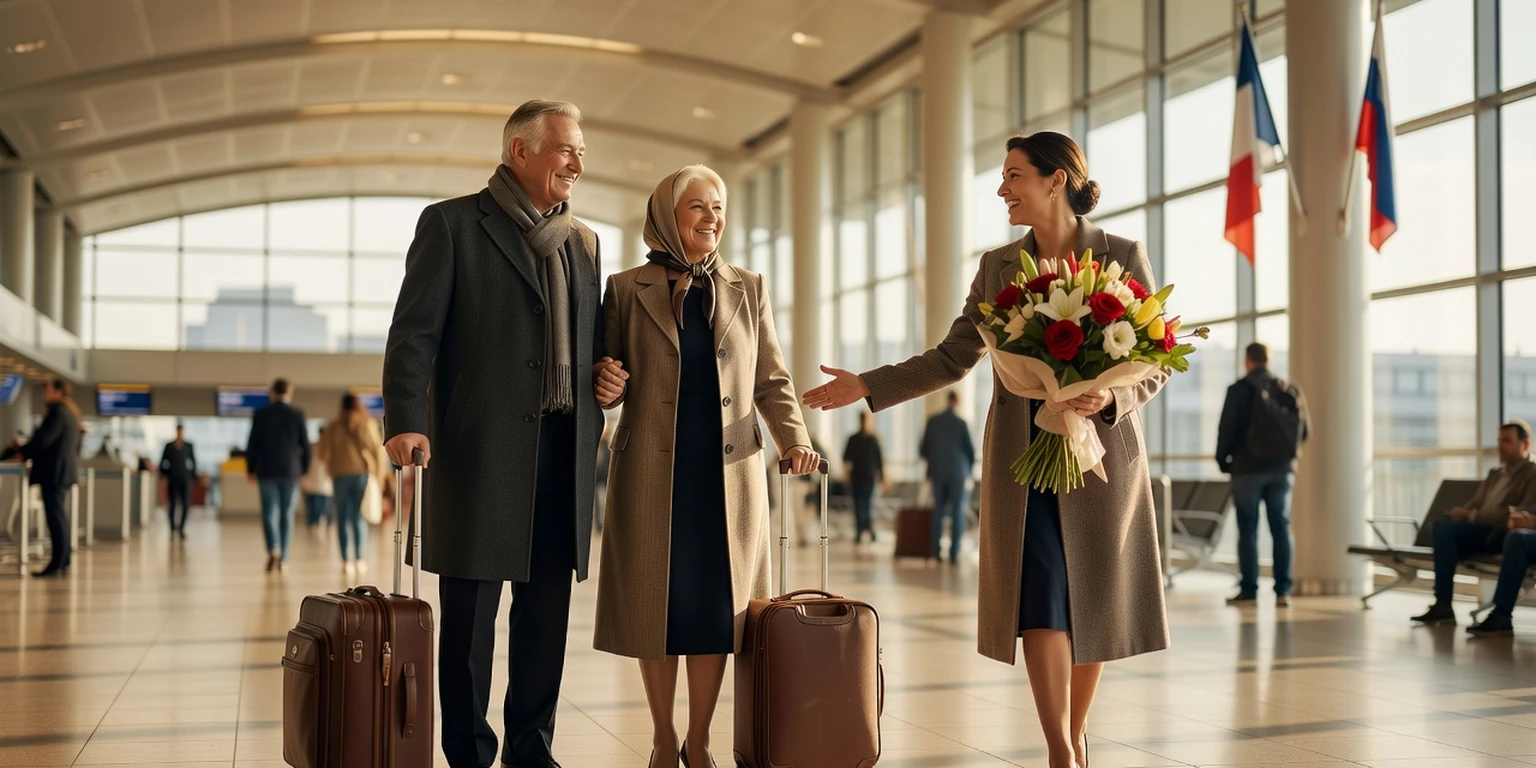 Couple franco-russe accueillant les parents russes à l'aéroport français avec fleurs et valises