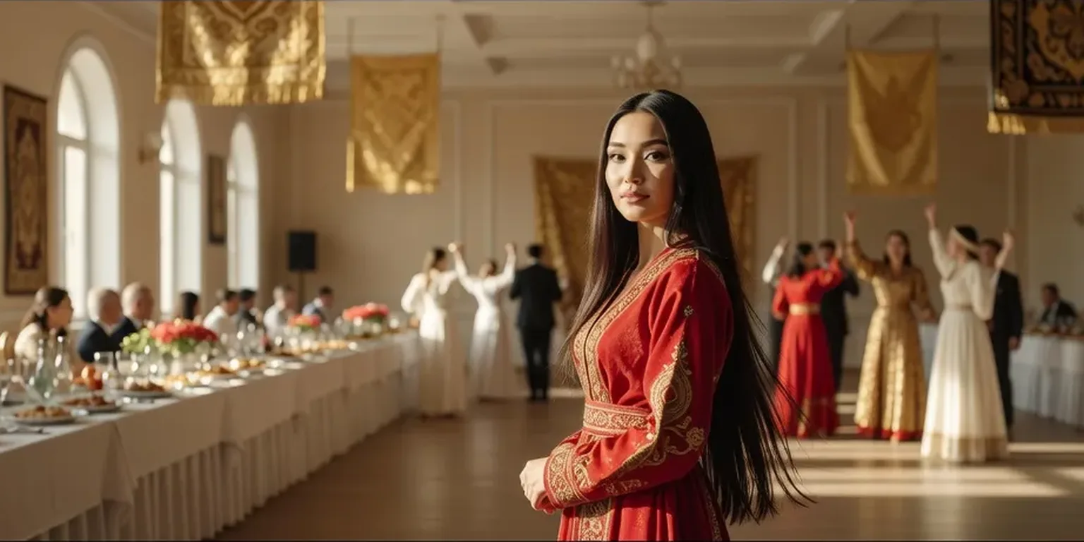 Jeune femme kazakhe élégante en robe traditionnelle brodée lors d'une cérémonie de mariage à Almaty