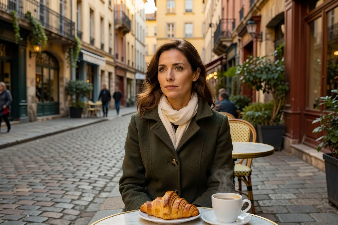 Femme russe trentenaire devant un café parisien, regardant la rue avec sourire pensif