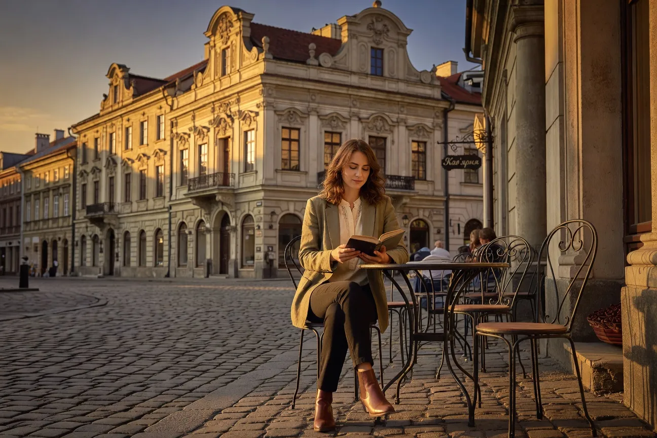 Jeune femme ukrainienne lisant à la terrasse d'un café à Lviv en début de soirée