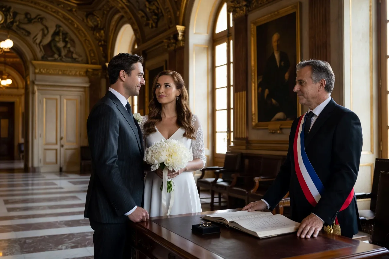 Couple franco-russe lors d'une cérémonie civile en mairie française avec témoins et alliances