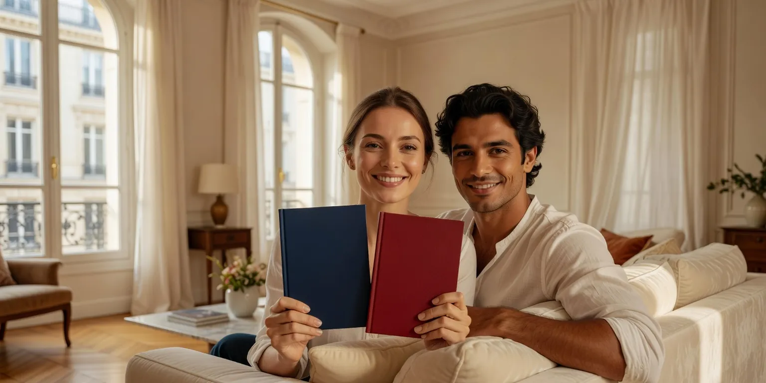 Couple franco-russe souriant tenant fièrement deux passeports, l'un bleu et l'autre bordeaux, dans un salon haussmannien baigné de lumière