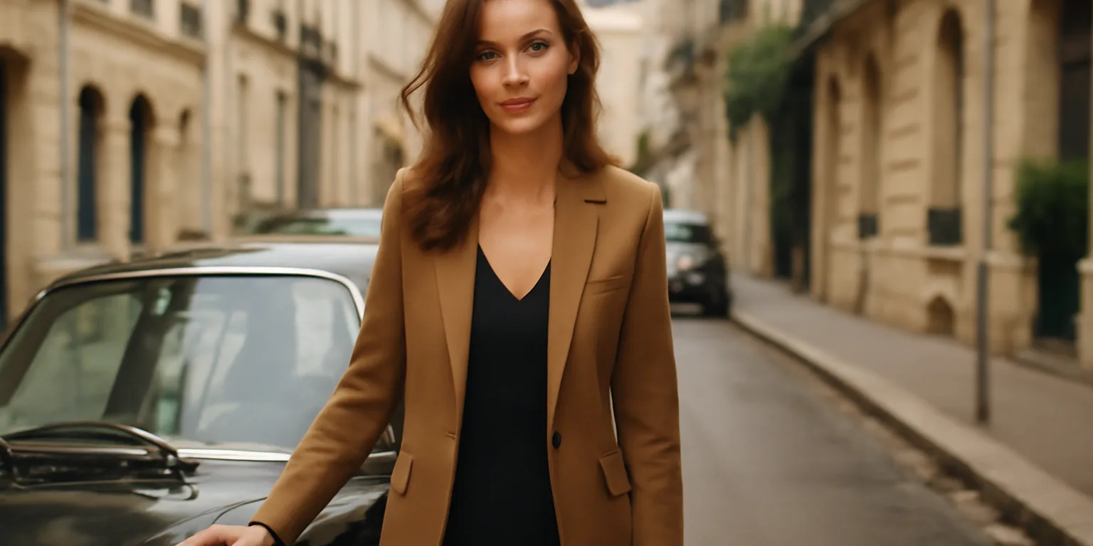 Femme russe souriante tenant son permis de conduire français à côté de sa voiture