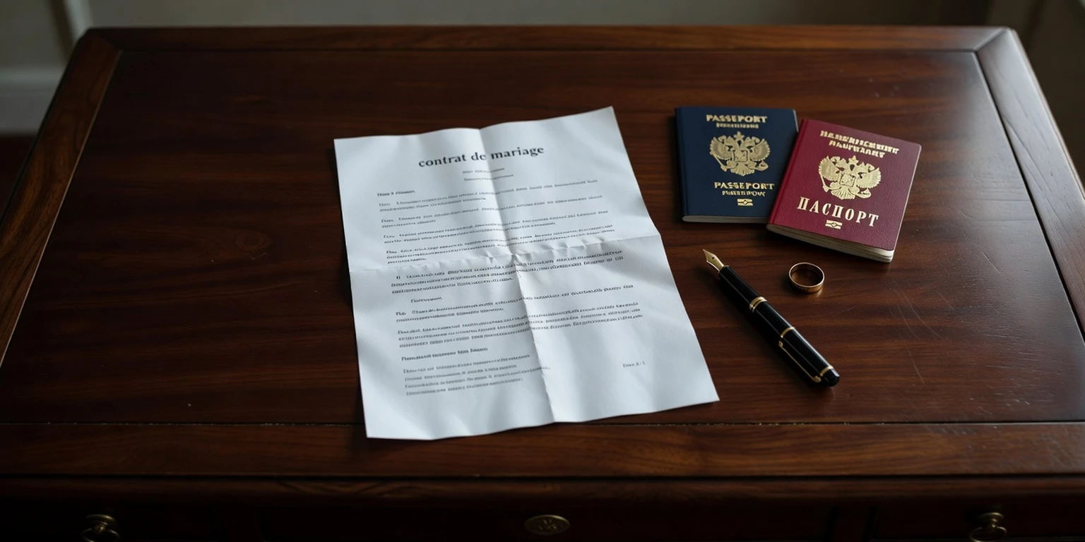 Contrat de mariage, passeports français et russe, alliances et stylo-plume sur un bureau de notaire
