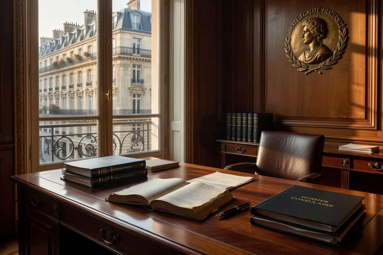 Bureau d'avocate parisienne avec dossiers consulaires et code civil français ouvert